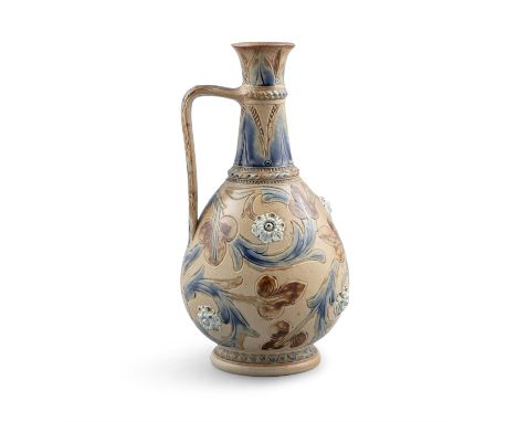 A DOULTON LAMBETH STONEWARE AND POLYCHROME DECORATED ISNIK STYLE BOTTLE VASE, with moulded handle (model no.669) 26cm high&nb