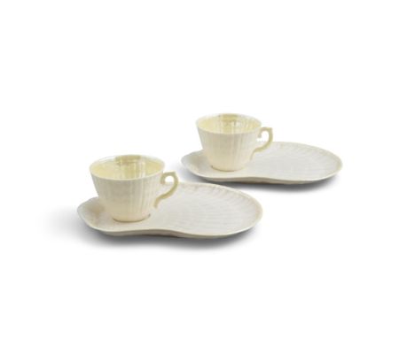 A PAIR OF CORAL PATTERN MODERN BELLEEK CHINA CUPS AND BREAKFAST SAUCERS, Green mark