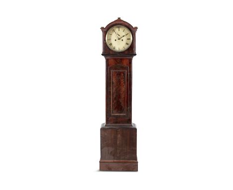 AN IRISH MAHOGANY LONGCASE CLOCK, mid-19th century, arched hood with glazed panel door, enclosing a white enamel dial, signed