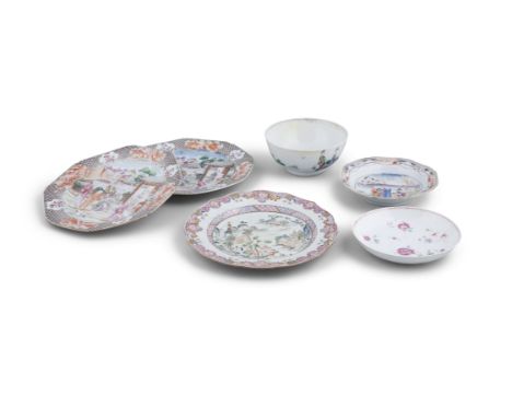 A PAIR OF CHINESE 'MANDARIN' PATTERN OCTAGONAL DISHES, late 18th Century, 22cm wide; a famille verte enamel landscape dish, 2