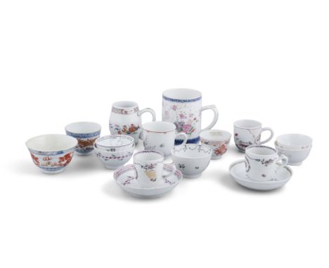 TWO CHINESE EXPORT PORCELAIN TANKARDS, 18th Century, and a collection of assorted tea bowls and cups.Condition Report:  - sma