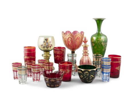 A COLLECTION OF BOHEMIAN GILT DECORATED GLASSWARE, 19th Century, including a green glass baluster vase, 36cm high;a decanter 