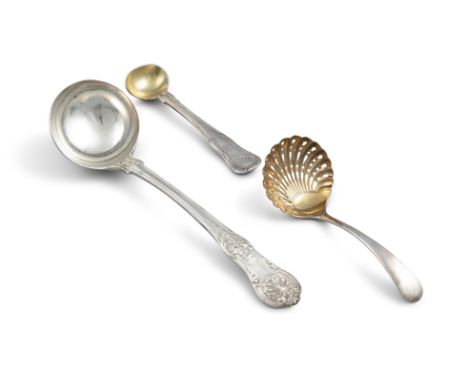 A VICTORIAN SILVER FRENCH PATTERN HANDLED SAUCE LADLE, London c.1844, mark William Eaton; together with a small sugar casting