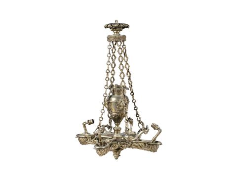 A 19TH CENTURY CAST BRASS CEILING LIGHT, with central urn decorated with satyr masks and flambeau shade, on a quatrefoil base