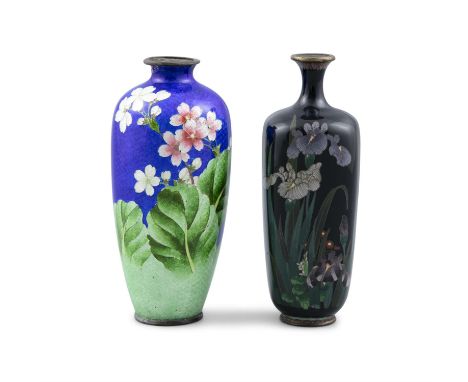 TWO SMALL JAPANESE ENAMEL VASES, Meiji Period, with floral decoration. Each 15cm high