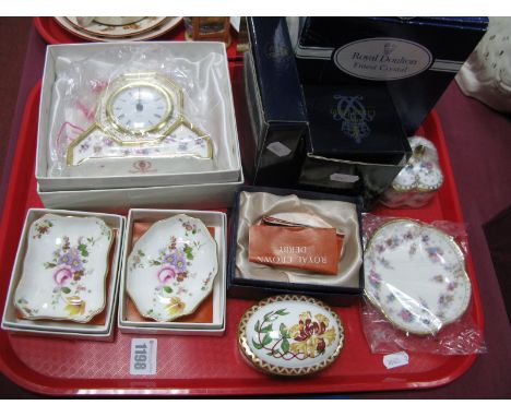 Royal Crown Derby 'Royal Antoinette' Mantel Clock, trinket box and pin tray, 'Honeysuckle' trinket box, two posies, trinket d