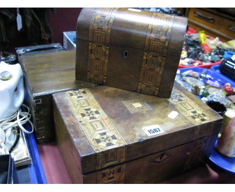 A XIX Century Walnut Dome Topped Tea Caddy, with marquetry bands, a similar flat top box and hardwood trinket box. (3)