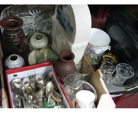 A Pottery Clock Case, Studio pottery, glassware, cutlery, etc:- Two Boxes