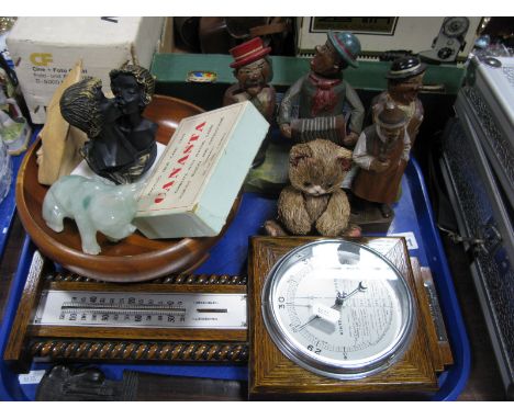 An Oak Cased Barometer, carved wooden Austrian bottle set, Canasta etc:- One 'Tray