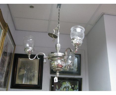 A Silver Plated Ceiling Light, circa 1920's with three scroll branches housing etched frosted shades, ribbed central band, lo