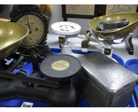 Two Victorian Style Scales, with weights, Salter No. 49 household scales and an EPBM tea caddy:- One Tray