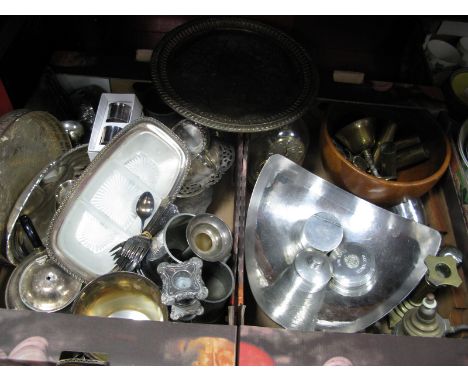Plated Wares, brass shell cases, wooden bowl, Dixon's pewter ware, Schatx clock, etc:- Two Boxes