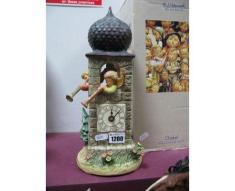 Hummel Century Collection Pottery Clock, Call to Worship, as a clock tower with winged trumpeters, stamped YAN 667, 33cm high