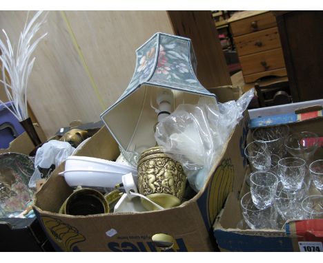 A Table Lamp, kitchen ware, Pendelfin, glass ware etc:- Three Boxes.