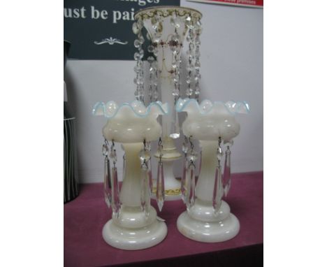 Single Frosted Glass Mantel Lustre, with faceted drops, 34cn high, a smaller pair similar. (3)