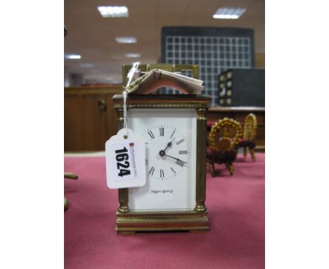 XX Century Mappin &amp; Webb Carriage Clock, with a carrying handle, enamel dial, Roman numerals.