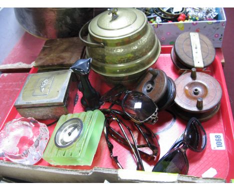 Fishing Reels, WMF The 'Cape Peninsula' Box, 1930's green glass clock (chipped), etc::- One Tray