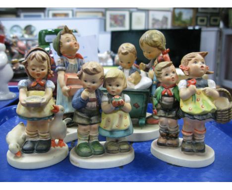 Five Vintage Hummel/Goebel Figures - The Builder, Blessed Event, To Market, We Congratulate and Be Patient.