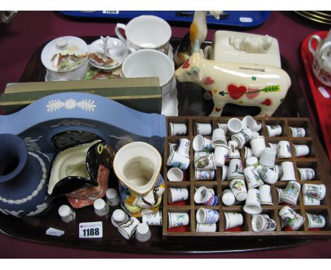 Wedgwood Jasper Ware Clock, Doulton character  jug, Keele St Toby jug, thimbles, etc:- One Tray
