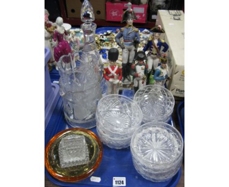 Twelve Lead Crystal Bowls, an amber studio glass ashtray, decanter, jug, etc; and bisque model military figures:- One Tray
