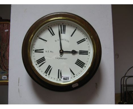 A Reproduction Railway Station Style Wall Clock, mahogany cased, printed 'B.A. Watson N.E Rly, No 138, Thornaby'