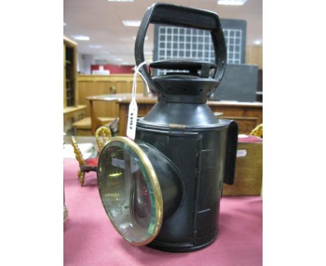 British Railways Hand Carry Lamp, black painted metal, brass rim to bevelled glass front, stamped "BR" to back and wick holde