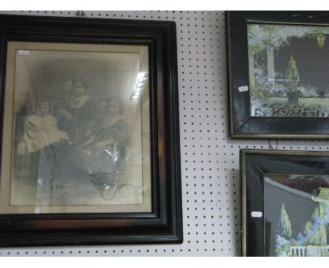 Herbert Alexander, Art Deco Pierrot Garden Scenes, pair coloured prints, 24 x 39cm; Edwardian young family portrait.