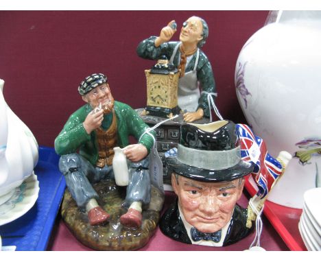 Two Royal Doulton Figures, The Clock maker HN2279, The Wayfarer HN2362 , and a limited edition 646/9500 Sir Winston Churchill