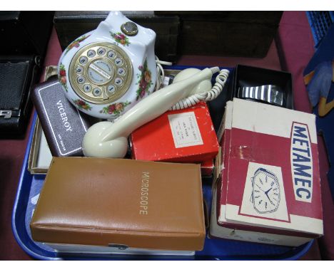 Metamec Alarm Clock, (boxed), Ben Sherman wristwatch (boxed), Viceroy shaver, child's microscope, 'Old Country Roses', teleph