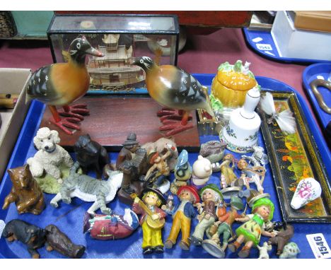 Coalport Pumpkin, dog, cat and novelty ornaments, Chinese boat model in glazed case, Coalport bell:- One Tray