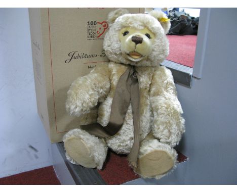 A Modern Jointed Centenary Blonde Bear by Steiff, with growler, button to ear, 44cm tall, boxed.