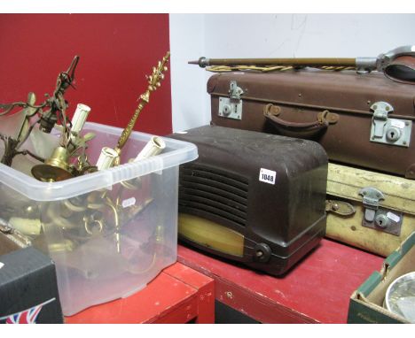 Two Mid XX Century Travel Cases, a Gossar brown bakelite value radio, shooting stick, carpet beater, brass ceiling chandelier