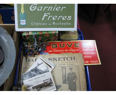 A 1950's Tri-ang Minic Armoured Car, boxed, an original 'Titanic' newspaper, original card advertising signs, model soldiers,