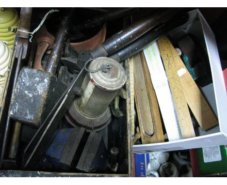 A Record No 1 Vice, rulers, other tools, winter warm paraffin heater, shoe last, etc:- Two Boxes.