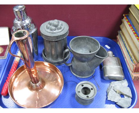 A XIX Century Pewter Jelly Mould, lid stamped quart no 35, and base WWH; pewter shaving mug, inkwell, copper candlestick, coc