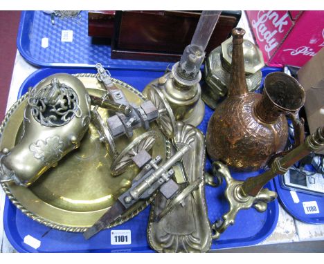 Indian Copper, heavy cast brass censer, Arts and Crafts Welleus Ware brass charger, table lamp, parafin lamp, canons, etc:- O