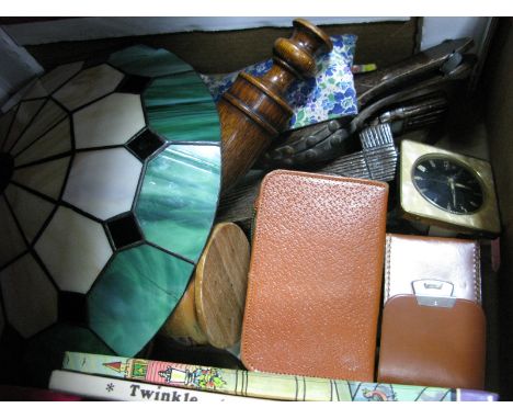 A Tiffany Style Lamp Shade, oak candlesticks, barometer, clock, Rupert annual etc:- One Box