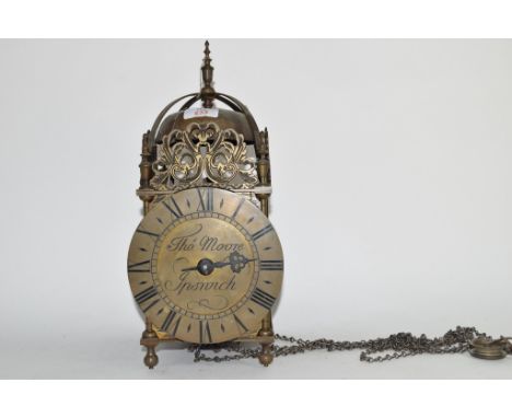 19th century brass lantern clock, signed for Thos Moore Ipswich, height approx 37cm