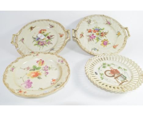 Group of four porcelain plates decorated in Meissen style, some marked "Dresden", largest 28cm diam