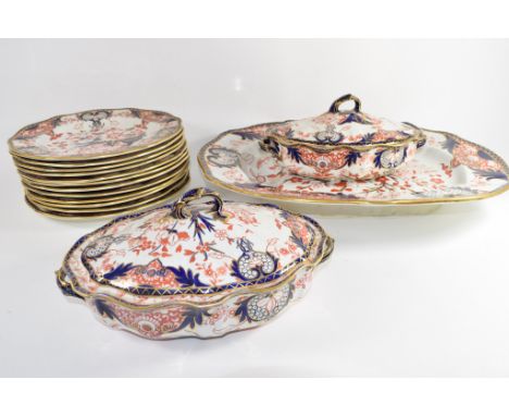 Group of Royal Crown Derby dinner wares including two tureens and covers, a large meat platter and 12 dinner plates, all deco