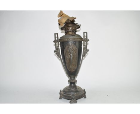 19th century lamp with spelter frame and green glass Art Nouveau style shade