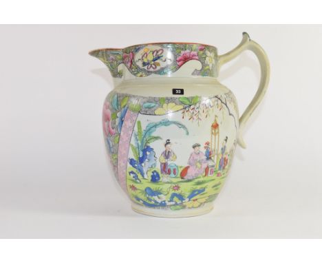 Ashworth~s Ironstone china jug, 19th century, decorated with Chinese figures, 22cm high