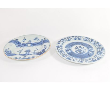 Pair of 18th century Chinese porcelain plates with blue and white decoration (a/f) (2)