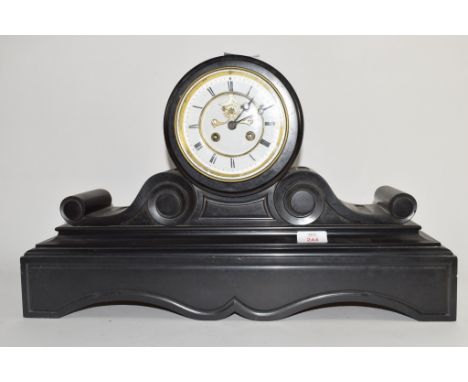 Victorian large black marble mantel clock, circular Roman chapter ring and exposed escapement, 55.5cm wide