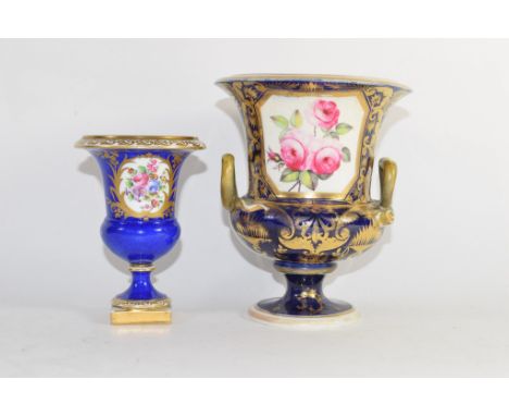 Derby porcelain campana vase, the front with a panel with Billingsley type roses and a Derby red mark to base, together with 