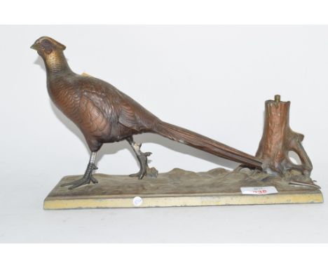Cold cast metal table lighter depicting a pheasant (a/f), base length approx 31cm