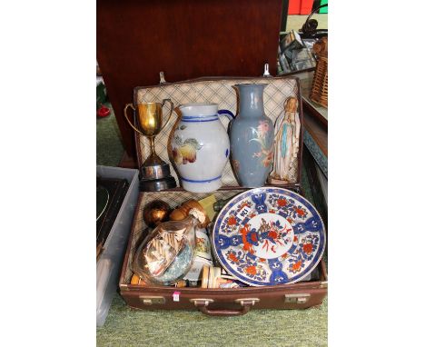 Vintage case of assorted Ceramic and bygones inc. Ship in a bottle 20thC Imari Plate, Salt glaze ewer etc 