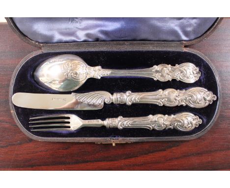 Cased Victorian Silver Christening set of Knife, Fork and Spoon 175g total weight 