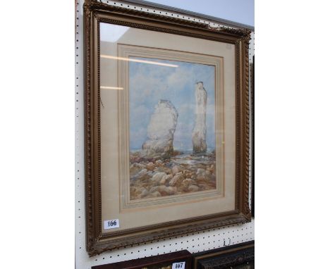 Gilt Gesso framed Watercolour of a Rocky Outcrop against seascape signed A E Hayes dated 1922 