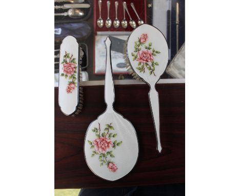 Set of 3 Enamel Guilloché dressing table set with Rose decoration 